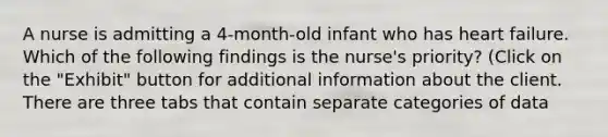 A nurse is admitting a 4-month-old infant who has heart failure. Which of the following findings is the nurse's priority? (Click on the "Exhibit" button for additional information about the client. There are three tabs that contain separate categories of data