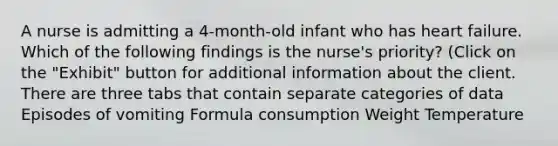 A nurse is admitting a 4-month-old infant who has heart failure. Which of the following findings is the nurse's priority? (Click on the "Exhibit" button for additional information about the client. There are three tabs that contain separate categories of data Episodes of vomiting Formula consumption Weight Temperature