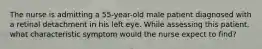 The nurse is admitting a 55-year-old male patient diagnosed with a retinal detachment in his left eye. While assessing this patient, what characteristic symptom would the nurse expect to find?