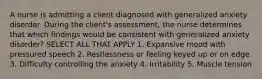 A nurse is admitting a client diagnosed with generalized anxiety disorder. During the client's assessment, the nurse determines that which findings would be consistent with generalized anxiety disorder? SELECT ALL THAT APPLY 1. Expansive mood with pressured speech 2. Restlessness or feeling keyed up or on edge 3. Difficulty controlling the anxiety 4. Irritability 5. Muscle tension