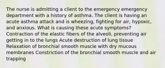 The nurse is admitting a client to the emergency emergency department with a history of asthma. The client is having an acute asthma attack and is wheezing, fighting for air, hypoxic, and anxious. What is causing these acute symptoms? Contraction of the elastic fibers of the alveoli, preventing air getting in to the lungs Acute destruction of lung tissue Relaxation of bronchial smooth muscle with dry mucous membranes Constriction of the bronchial smooth muscle and air trapping