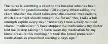 The nurse is admitting a client to the hospital who has been scheduled for gastrointestinal (GI) surgery. When asking the client whether the client takes over-the-counter medications, which statement should concern the nurse? "Yes, I take a full-strength aspirin every day." "Yesterday I took a daily multiple vitamin medication." "I have stopped the medications my doctor told me to stop taking." "I have taken my medication for my blood pressure this morning." "I took the bowel preparation medications as prescribed starting 2 days ago."