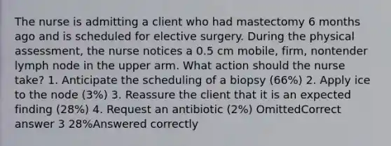 The nurse is admitting a client who had mastectomy 6 months ago and is scheduled for elective surgery. During the physical assessment, the nurse notices a 0.5 cm mobile, firm, nontender lymph node in the upper arm. What action should the nurse take? 1. Anticipate the scheduling of a biopsy (66%) 2. Apply ice to the node (3%) 3. Reassure the client that it is an expected finding (28%) 4. Request an antibiotic (2%) OmittedCorrect answer 3 28%Answered correctly