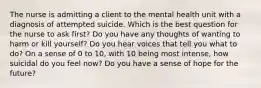 The nurse is admitting a client to the mental health unit with a diagnosis of attempted suicide. Which is the best question for the nurse to ask first? Do you have any thoughts of wanting to harm or kill yourself? Do you hear voices that tell you what to do? On a sense of 0 to 10, with 10 being most intense, how suicidal do you feel now? Do you have a sense of hope for the future?