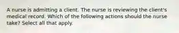 A nurse is admitting a client. The nurse is reviewing the client's medical record. Which of the following actions should the nurse take? Select all that apply.