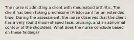 The nurse is admitting a client with rheumatoid arthritis. The client has been taking prednisone (Aristospan) for an extended time. During the assessment, the nurse observes that the client has a very round moon-shaped face, bruising, and an abnormal contour of the shoulders. What does the nurse conclude based on these findings?