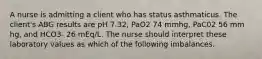 A nurse is admitting a client who has status asthmaticus. The client's ABG results are pH 7.32, PaO2 74 mmhg, PaC02 56 mm hg, and HCO3- 26 mEq/L. The nurse should interpret these laboratory values as which of the following imbalances.