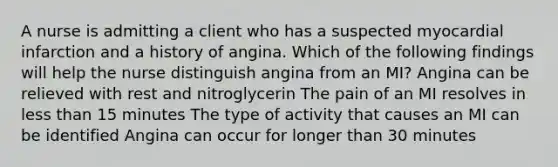 A nurse is admitting a client who has a suspected myocardial infarction and a history of angina. Which of the following findings will help the nurse distinguish angina from an MI? Angina can be relieved with rest and nitroglycerin The pain of an MI resolves in less than 15 minutes The type of activity that causes an MI can be identified Angina can occur for longer than 30 minutes