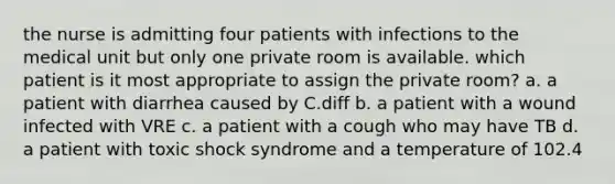 the nurse is admitting four patients with infections to the medical unit but only one private room is available. which patient is it most appropriate to assign the private room? a. a patient with diarrhea caused by C.diff b. a patient with a wound infected with VRE c. a patient with a cough who may have TB d. a patient with toxic shock syndrome and a temperature of 102.4