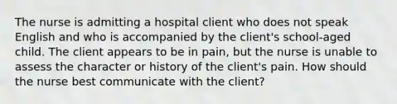 The nurse is admitting a hospital client who does not speak English and who is accompanied by the client's school-aged child. The client appears to be in pain, but the nurse is unable to assess the character or history of the client's pain. How should the nurse best communicate with the client?