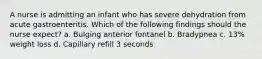 A nurse is admitting an infant who has severe dehydration from acute gastroenteritis. Which of the following findings should the nurse expect? a. Bulging anterior fontanel b. Bradypnea c. 13% weight loss d. Capillary refill 3 seconds