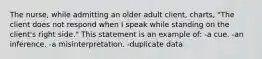 The nurse, while admitting an older adult client, charts, "The client does not respond when I speak while standing on the client's right side." This statement is an example of: -a cue. -an inference. -a misinterpretation. -duplicate data.