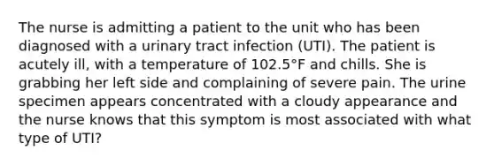 The nurse is admitting a patient to the unit who has been diagnosed with a urinary tract infection (UTI). The patient is acutely ill, with a temperature of 102.5°F and chills. She is grabbing her left side and complaining of severe pain. The urine specimen appears concentrated with a cloudy appearance and the nurse knows that this symptom is most associated with what type of UTI?