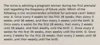 The nurse is advising a pregnant woman during her first prenatal visit regarding the frequency of future visits. Which of the following is the recommended schedule for prenatal care? Select one: A. Once every 4 weeks for the first 28 weeks, then every 3 weeks until 36 weeks, and then every 2 weeks until the birth. B. Once every 4 weeks for the first 28 weeks, then every 2 weeks until 36 weeks, and then weekly until the birth. C. Once every 4 weeks for the first 36 weeks, then weekly until the birth. D. Once every 3 weeks for the first 28 weeks, then every 2 weeks until 36 weeks, and then weekly until the birth.