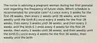 The nurse is advising a pregnant woman during her first prenatal visit regarding the frequency of future visits. Which schedule is recommended for prenatal care? A.) once every 3 weeks for the first 28 weeks, then every 2 weeks until 36 weeks, and then weekly until the birth B.) once every 4 weeks for the first 28 weeks, then every 3 weeks until 36 weeks, and then every 2 weeks until the birth C.) once every 4 weeks for the first 28 weeks, then every 2 weeks until 36 weeks, and then weekly until the birth D.) once every 4 weeks for the first 36 weeks, then weekly until the birth