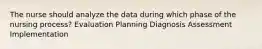 The nurse should analyze the data during which phase of the nursing process? Evaluation Planning Diagnosis Assessment Implementation