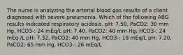 The nurse is analyzing the arterial blood gas results of a client diagnosed with severe pneumonia. Which of the following ABG results indicated respiratory acidosis. pH: 7.50, PaCO2: 30 mm Hg, HCO3-: 24 mEq/L pH: 7.40, PaCO2: 40 mm Hg, HCO3-: 24 mEq /L pH: 7.32, PaCO2: 40 mm Hg, HCO3-: 18 mEq/L pH: 7.20, PaCO2: 65 mm Hg, HCO3-: 26 mEq/L