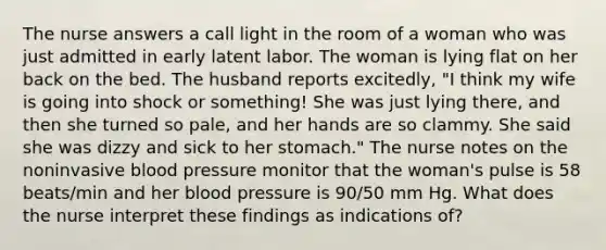 The nurse answers a call light in the room of a woman who was just admitted in early latent labor. The woman is lying flat on her back on the bed. The husband reports excitedly, "I think my wife is going into shock or something! She was just lying there, and then she turned so pale, and her hands are so clammy. She said she was dizzy and sick to her stomach." The nurse notes on the noninvasive blood pressure monitor that the woman's pulse is 58 beats/min and her blood pressure is 90/50 mm Hg. What does the nurse interpret these findings as indications of?