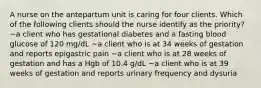 A nurse on the antepartum unit is caring for four clients. Which of the following clients should the nurse identify as the priority? ~a client who has gestational diabetes and a fasting blood glucose of 120 mg/dL ~a client who is at 34 weeks of gestation and reports epigastric pain ~a client who is at 28 weeks of gestation and has a Hgb of 10.4 g/dL ~a client who is at 39 weeks of gestation and reports urinary frequency and dysuria