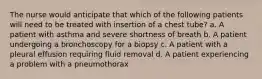 The nurse would anticipate that which of the following patients will need to be treated with insertion of a chest tube? a. A patient with asthma and severe shortness of breath b. A patient undergoing a bronchoscopy for a biopsy c. A patient with a pleural effusion requiring fluid removal d. A patient experiencing a problem with a pneumothorax