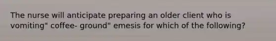 The nurse will anticipate preparing an older client who is vomiting" coffee- ground" emesis for which of the following?