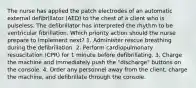 The nurse has applied the patch electrodes of an automatic external defibrillator (AED) to the chest of a client who is pulseless. The defibrillator has interpreted the rhythm to be ventricular fibrillation. Which priority action should the nurse prepare to implement next? 1. Administer rescue breathing during the defibrillation. 2. Perform cardiopulmonary resuscitation (CPR) for 1 minute before defibrillating. 3. Charge the machine and immediately push the "discharge" buttons on the console. 4. Order any personnel away from the client, charge the machine, and defibrillate through the console.