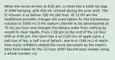 When the nurse arrives at 8:00 am, a client has a 1000 mL bag of D5W hanging, with 450 mL infused during the prior shift. The IV infusion is to deliver 100 mL per hour. At 11:00 am the healthcare provider changes the prescription for the intravenous solution to 1000 mL 0.9% sodium chloride to be administered at 75 mL per hour and changes the dietary order from nothing by mouth to clear liquids. From 1:00 pm to the end of the 12-hour shift at 8:00 pm, the client has 4 oz (120 mL) of apple juice, a half cup of tea, a half cup of gelatin, and 6 oz (180 mL) of water. How many milliliters should the nurse document as the client's total fluid intake for the 12-hour shift? Record your answer using a whole number. mL