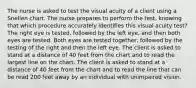 The nurse is asked to test the visual acuity of a client using a Snellen chart. The nurse prepares to perform the test, knowing that which procedure accurately identifies this visual acuity test? The right eye is tested, followed by the left eye, and then both eyes are tested. Both eyes are tested together, followed by the testing of the right and then the left eye. The client is asked to stand at a distance of 40 feet from the chart and to read the largest line on the chart. The client is asked to stand at a distance of 40 feet from the chart and to read the line that can be read 200 feet away by an individual with unimpaired vision.