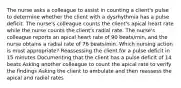 The nurse asks a colleague to assist in counting a client's pulse to determine whether the client with a dysrhythmia has a pulse deficit. The nurse's colleague counts the client's apical heart rate while the nurse counts the client's radial rate. The nurse's colleague reports an apical heart rate of 90 beats/min, and the nurse obtains a radial rate of 76 beats/min. Which nursing action is most appropriate? Reassessing the client for a pulse deficit in 15 minutes Documenting that the client has a pulse deficit of 14 beats Asking another colleague to count the apical rate to verify the findings Asking the client to ambulate and then reassess the apical and radial rates