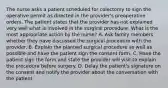 The nurse asks a patient scheduled for colectomy to sign the operative permit as directed in the provider's preoperative orders. The patient states that the provider has not explained very well what is involved in the surgical procedure. What is the most appropriate action by the nurse? A. Ask family members whether they have discussed the surgical procedure with the provider. B. Explain the planned surgical procedure as well as possible and have the patient sign the consent form. C. Have the patient sign the form and state the provider will visit to explain the procedure before surgery. D. Delay the patient's signature on the consent and notify the provider about the conversation with the patient.