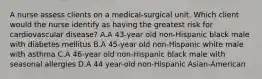 A nurse assess clients on a medical-surgical unit. Which client would the nurse identify as having the greatest risk for cardiovascular disease? A.A 43-year old non-Hispanic black male with diabetes mellitus B.A 45-year old non-Hispanic white male with asthma C.A 46-year old non-Hispanic black male with seasonal allergies D.A 44 year-old non-Hispanic Asian-American