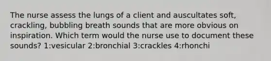 The nurse assess the lungs of a client and auscultates soft, crackling, bubbling breath sounds that are more obvious on inspiration. Which term would the nurse use to document these sounds? 1:vesicular 2:bronchial 3:crackles 4:rhonchi