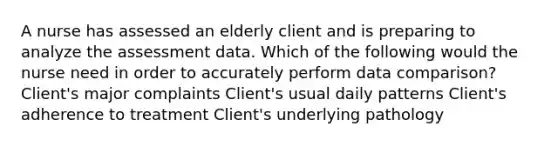 A nurse has assessed an elderly client and is preparing to analyze the assessment data. Which of the following would the nurse need in order to accurately perform data comparison? Client's major complaints Client's usual daily patterns Client's adherence to treatment Client's underlying pathology