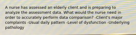 A nurse has assessed an elderly client and is preparing to analyze the assessment data. What would the nurse need in order to accurately perform data comparison? -Client's major complaints -Usual daily pattern -Level of dysfunction -Underlying pathology