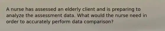 A nurse has assessed an elderly client and is preparing to analyze the assessment data. What would the nurse need in order to accurately perform data comparison?