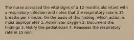 The nurse assessed the vital signs of a 12 months old infant with a respiratory infection and notes that the respiratory rate is 35 breaths per minute. On the basis of this finding, which action is most appropriate? 1. Administer oxygen 2. Document the findings 3. Notify the pediatrician 4. Reassess the respiratory rate in 15 min