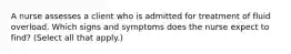 A nurse assesses a client who is admitted for treatment of fluid overload. Which signs and symptoms does the nurse expect to find? (Select all that apply.)