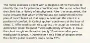 The nurse assesses a client with a diagnosis of rib fractures to identify the risk for potential complications. The nurse notes that the client has a history of emphysema. After the assessment, the nurse ensures that which interventions are documented in the plan of care? Select all that apply. A. Maintain the client in a position of comfort. B. Collect sputum specimens at the hour of sleep. C. Offer medication to suppress the cough as needed. D. Administer small, frequent meals with plenty of fluids. E. Have the client cough and breathe deeply 20 minutes after pain medication is given. F. Administer 4 to 6 liters of oxygen when the client's pulse oximetry drops below 90%.