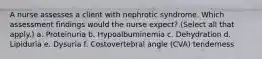 A nurse assesses a client with nephrotic syndrome. Which assessment findings would the nurse expect? (Select all that apply.) a. Proteinuria b. Hypoalbuminemia c. Dehydration d. Lipiduria e. Dysuria f. Costovertebral angle (CVA) tenderness