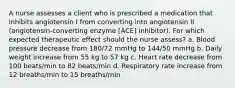 A nurse assesses a client who is prescribed a medication that inhibits angiotensin I from converting into angiotensin II (angiotensin-converting enzyme [ACE] inhibitor). For which expected therapeutic effect should the nurse assess? a. Blood pressure decrease from 180/72 mmHg to 144/50 mmHg b. Daily weight increase from 55 kg to 57 kg c. Heart rate decrease from 100 beats/min to 82 beats/min d. Respiratory rate increase from 12 breaths/min to 15 breaths/min