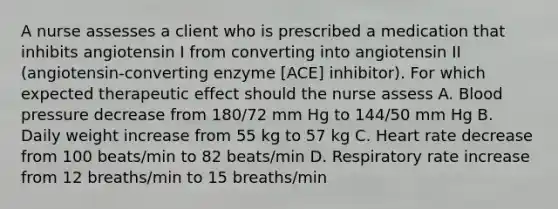 A nurse assesses a client who is prescribed a medication that inhibits angiotensin I from converting into angiotensin II (angiotensin-converting enzyme [ACE] inhibitor). For which expected therapeutic effect should the nurse assess A. Blood pressure decrease from 180/72 mm Hg to 144/50 mm Hg B. Daily weight increase from 55 kg to 57 kg C. Heart rate decrease from 100 beats/min to 82 beats/min D. Respiratory rate increase from 12 breaths/min to 15 breaths/min