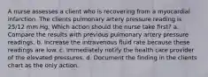 A nurse assesses a client who is recovering from a myocardial infarction. The clients pulmonary artery pressure reading is 25/12 mm Hg. Which action should the nurse take first? a. Compare the results with previous pulmonary artery pressure readings. b. Increase the intravenous fluid rate because these readings are low. c. Immediately notify the health care provider of the elevated pressures. d. Document the finding in the clients chart as the only action.