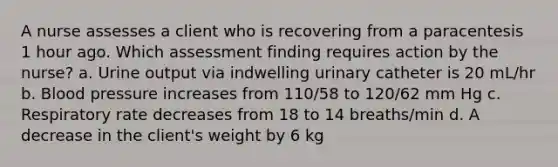 A nurse assesses a client who is recovering from a paracentesis 1 hour ago. Which assessment finding requires action by the nurse? a. Urine output via indwelling urinary catheter is 20 mL/hr b. Blood pressure increases from 110/58 to 120/62 mm Hg c. Respiratory rate decreases from 18 to 14 breaths/min d. A decrease in the client's weight by 6 kg