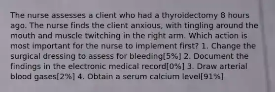 The nurse assesses a client who had a thyroidectomy 8 hours ago. The nurse finds the client anxious, with tingling around the mouth and muscle twitching in the right arm. Which action is most important for the nurse to implement first? 1. Change the surgical dressing to assess for bleeding[5%] 2. Document the findings in the electronic medical record[0%] 3. Draw arterial blood gases[2%] 4. Obtain a serum calcium level[91%]