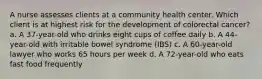 A nurse assesses clients at a community health center. Which client is at highest risk for the development of colorectal cancer? a. A 37-year-old who drinks eight cups of coffee daily b. A 44-year-old with irritable bowel syndrome (IBS) c. A 60-year-old lawyer who works 65 hours per week d. A 72-year-old who eats fast food frequently