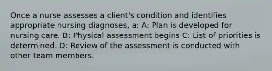 Once a nurse assesses a client's condition and identifies appropriate nursing diagnoses, a: A: Plan is developed for nursing care. B: Physical assessment begins C: List of priorities is determined. D: Review of the assessment is conducted with other team members.