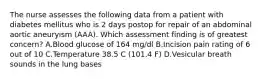 The nurse assesses the following data from a patient with diabetes mellitus who is 2 days postop for repair of an abdominal aortic aneuryism (AAA). Which assessment finding is of greatest concern? A.Blood glucose of 164 mg/dl B.Incision pain rating of 6 out of 10 C.Temperature 38.5 C (101.4 F) D.Vesicular breath sounds in the lung bases