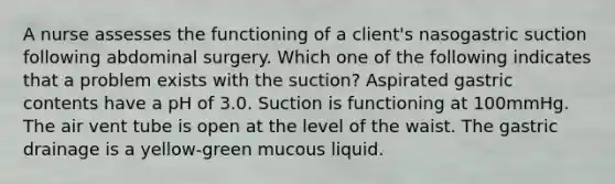 A nurse assesses the functioning of a client's nasogastric suction following abdominal surgery. Which one of the following indicates that a problem exists with the suction? Aspirated gastric contents have a pH of 3.0. Suction is functioning at 100mmHg. The air vent tube is open at the level of the waist. The gastric drainage is a yellow-green mucous liquid.