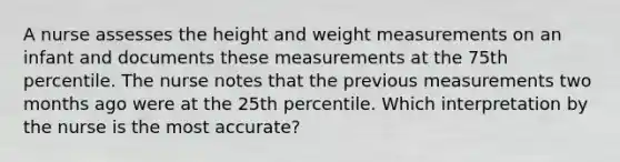 A nurse assesses the height and weight measurements on an infant and documents these measurements at the 75th percentile. The nurse notes that the previous measurements two months ago were at the 25th percentile. Which interpretation by the nurse is the most accurate?