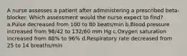 A nurse assesses a patient after administering a prescribed beta-blocker. Which assessment would the nurse expect to find? a.Pulse decreased from 100 to 80 beats/min b.Blood pressure increased from 98/42 to 132/60 mm Hg c.Oxygen saturation increased from 88% to 96% d.Respiratory rate decreased from 25 to 14 breaths/min